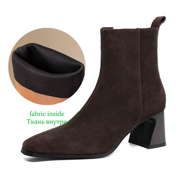 Krazing Pot Cow Suede Nubuck Winter Square Toe Modern Boots Thick High Heels Zipper Women Ankle Boots