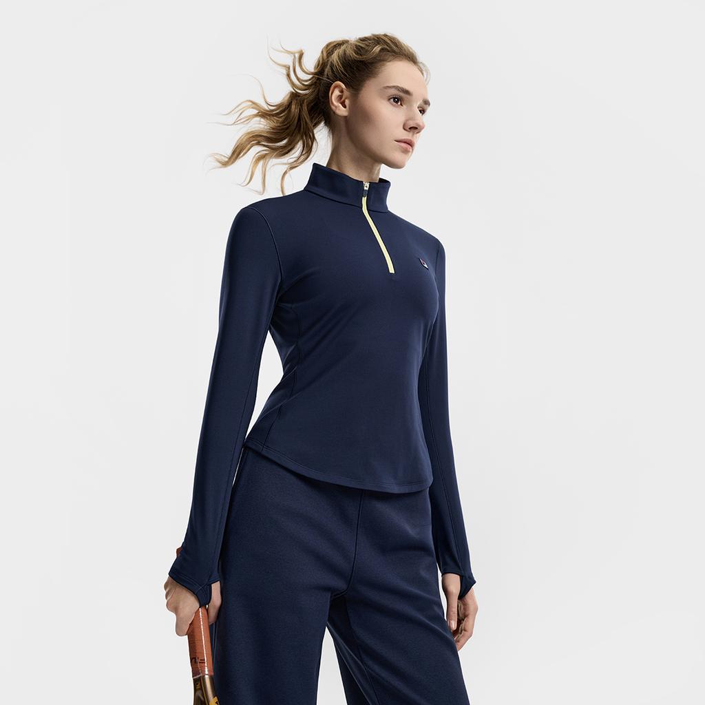 FILA Fleece Lined Warm Fashion Classic Simple Casual Sports Training Tennis Versatile Half Zip Slim Fit Knitted Long Sleeve T-Shirt A11W613201FBU