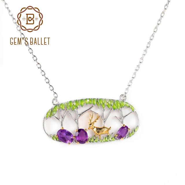 

Gb оригинальный дизайн ювелирные изделия кулон ожерелья из настоящего стерлингового серебра 925 пробы для женщин ювелирные изделия с животными олень в лесу аметист