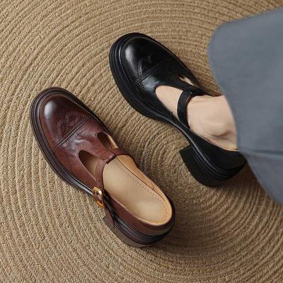 Women's Spring Autumn Round Head High Heel Shoes Thick Heels Genuine Leather Platform Retro Versatile Mary Jane Shoes for Women