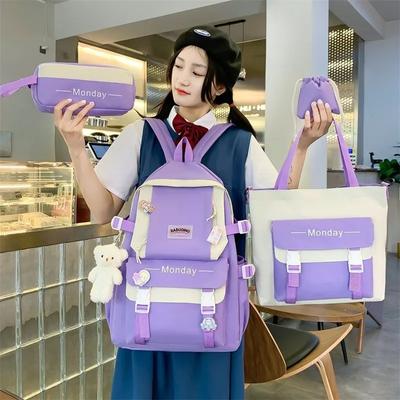 Set da 4 Pezzi di Cartella Zaino Carino a Spalla Borsa a Mano Astuccio Borsa in Tela per Studenti Campus Borsa con Grande Capacità