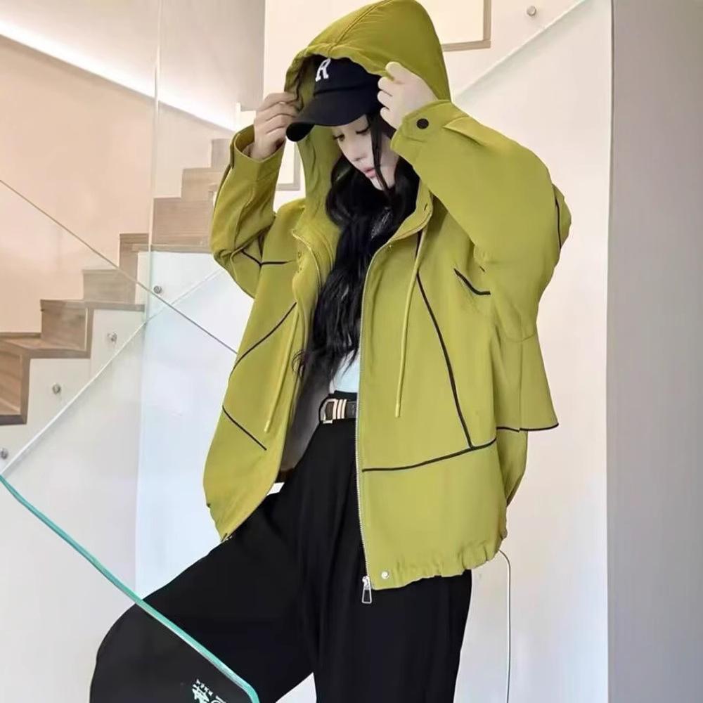 Korean Style Color Block Hooded Windbreaker for Women, 2025 Spring/Autumn, Lightweight Loose Fit Petite Jacket