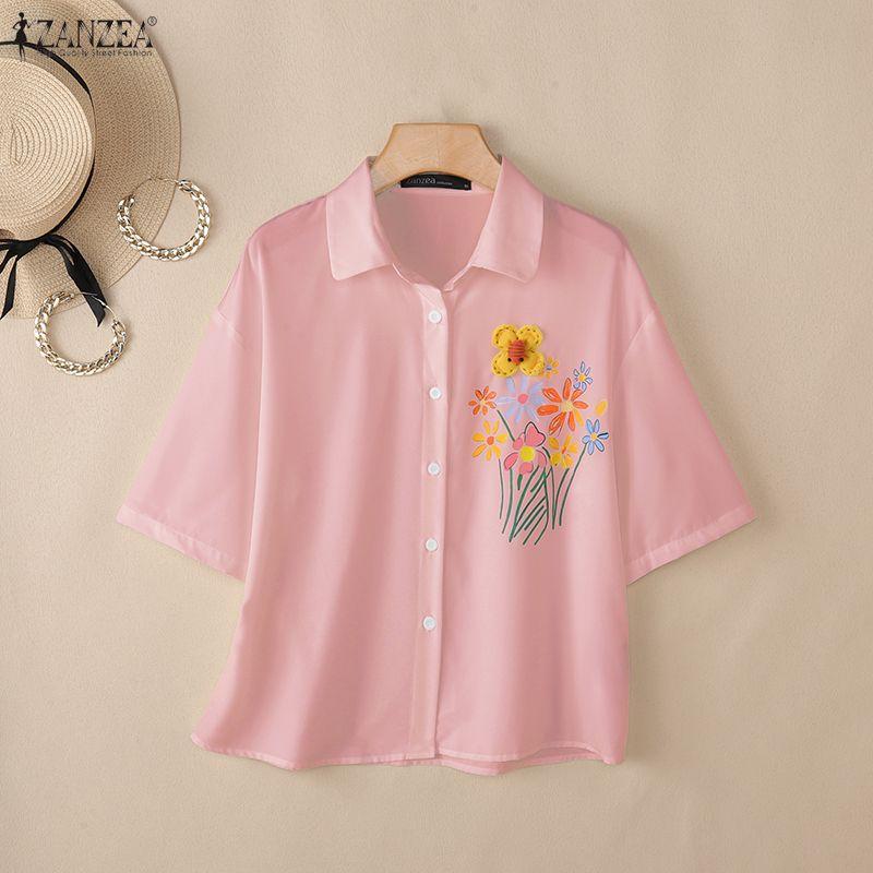 ZANZEA Women Casual Turn Down Collar Loose Floral Print Half Sleeve Blouse