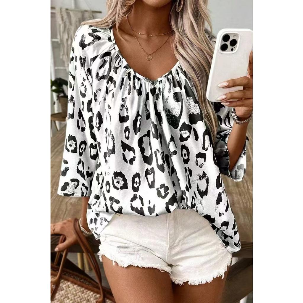 Top da Donna Temperamento Pendolare Cachi Stampa Leopardo Scollo a V Grande Plissettato Maniche a Sette Quarti Camicia