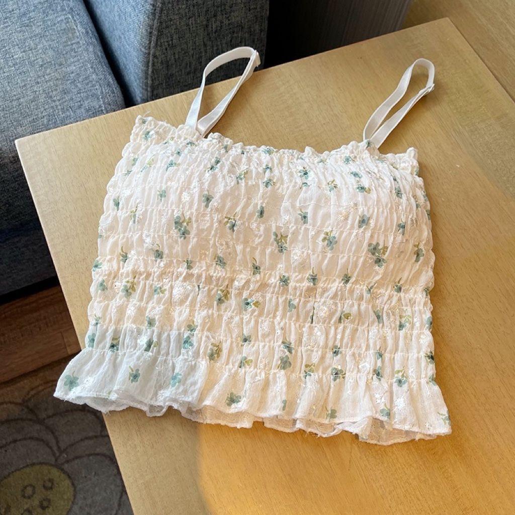 Summer Floral Suspender Women with Chest Pad Chic Small Interior Design Feeling Pleated Top