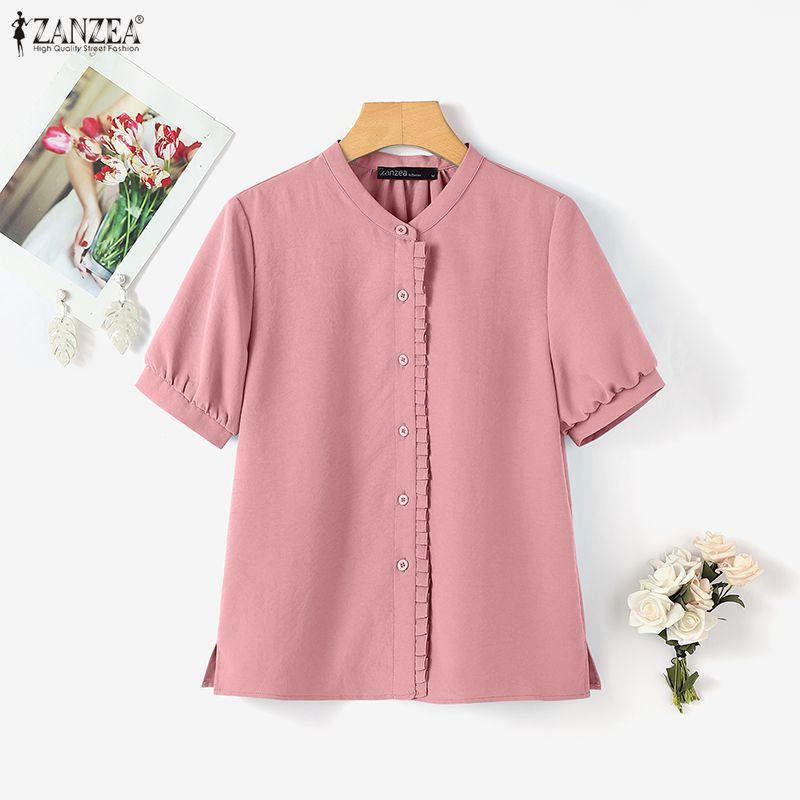ZANZEA Damen Freizeit Rundhals Einfarbig Kurzarm Bluse