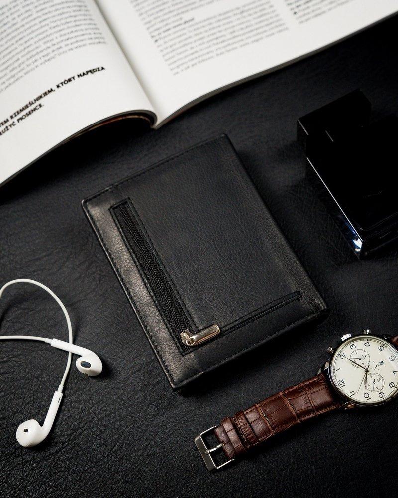 Men's vertical foldable wallet with a zipper pocket, genuine leather - Rovicky
