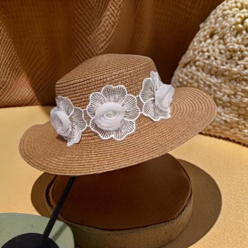 Summer straw hat women's French bow pearl sunscreen visor casual trip seaside sun hat French style