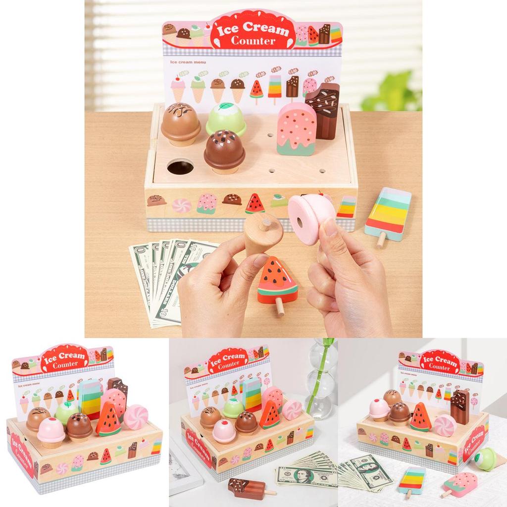 Wooden Simulation Ice Cream Vending Cabinet Model Children Toy Set For Kids Imaginative Pretend Play