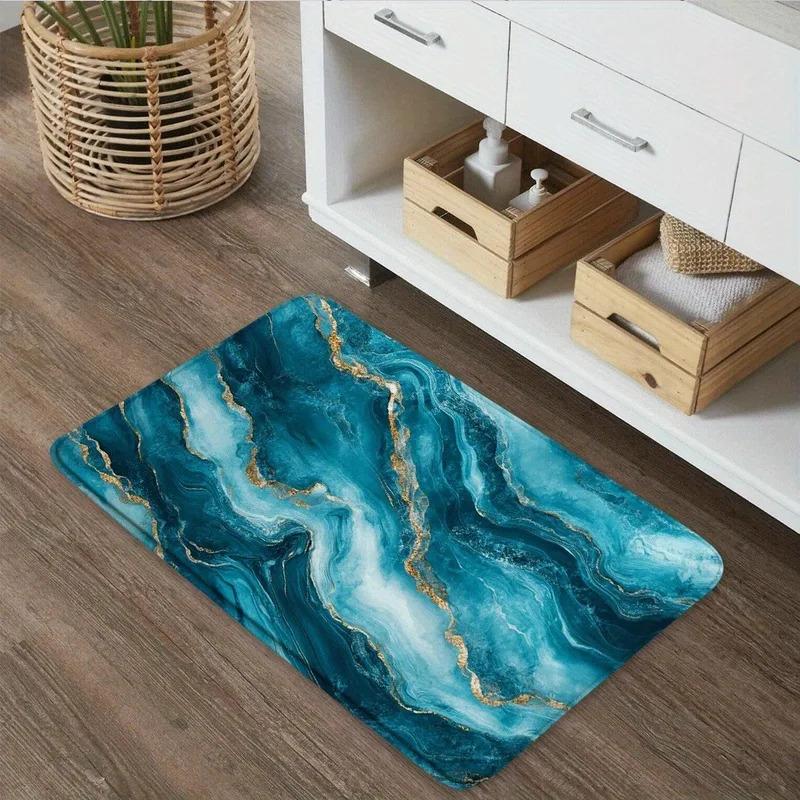 VIKAMA Teal Marble Effect Bathroom Mat Soft Comfort Non Slip Absorbent Modern Home Decorative Floor Mat Bath Rug Supplies