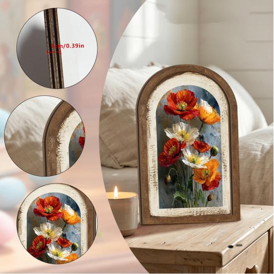 Vintage Framed Wall Art, Curved Wooden Floral Wall Art, Arched Wood Framed Wall Art, Rustic French Country Style Paintings for Bedroom