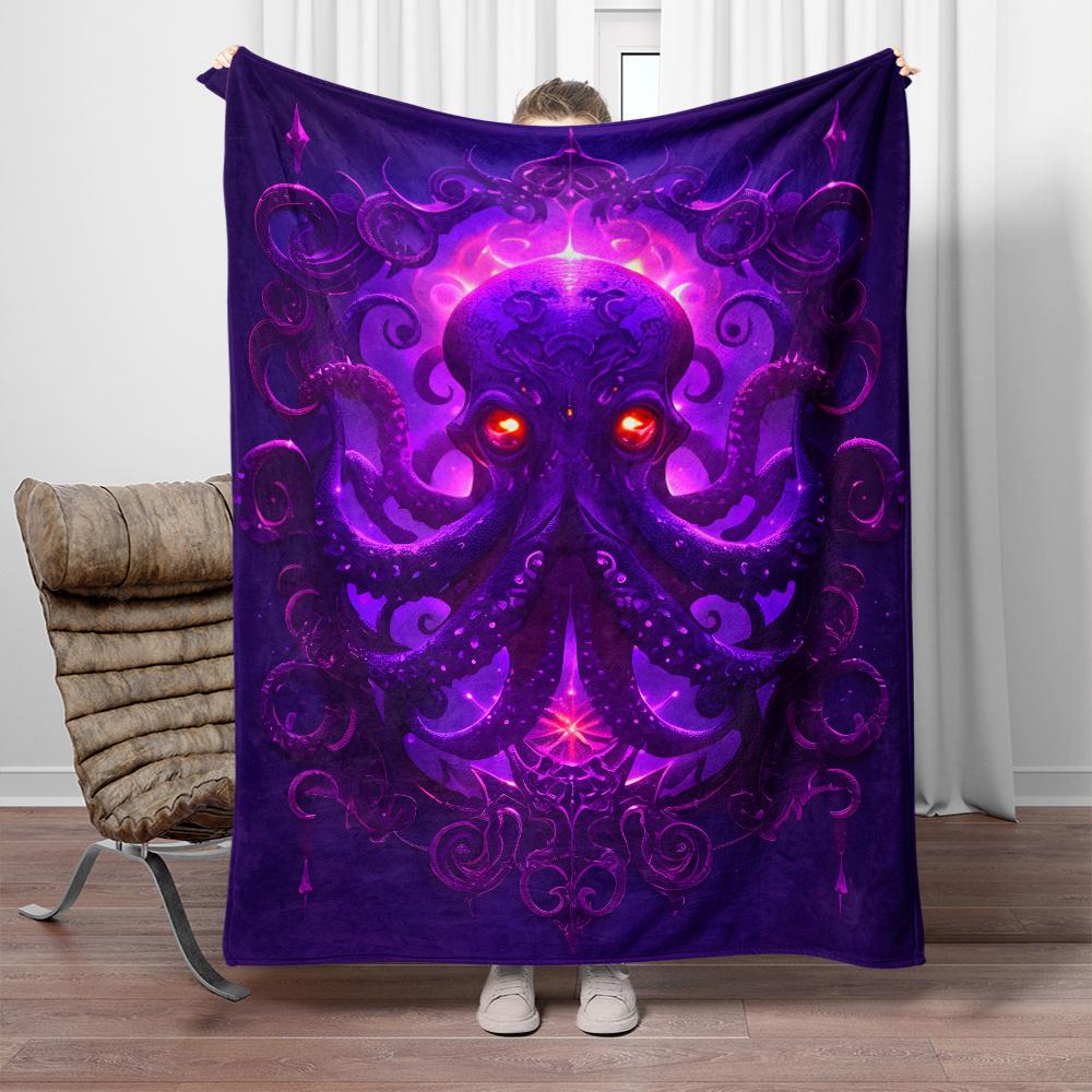 Purple Cthulhu Octopus with Red Eyes Mythical Creature Fleece Blanket Dark Fantasy Art Soft Plush Throw Blanket for Horror Fans