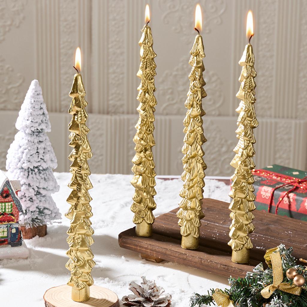Gold Tree Shaped Taper Candles, Romantic Christmas Decor for Home Table, Holiday Ornament & New Year Gift