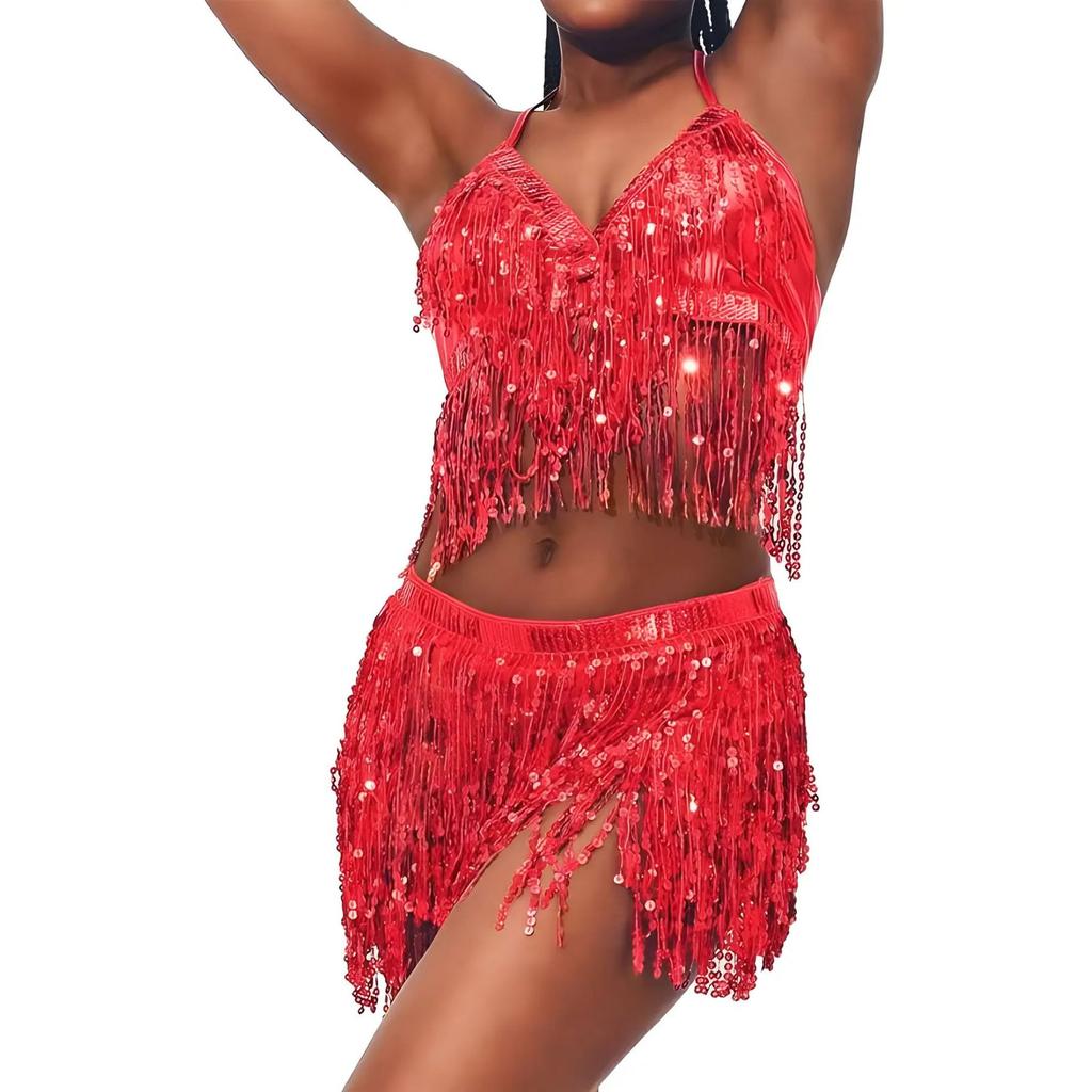 Belly Dance Top Bra Belt Set Latin Sequin Fringe Halter Hip Skirt Sexy Party Costume 4 Layer Tassel Stage Performance Cloth Wear