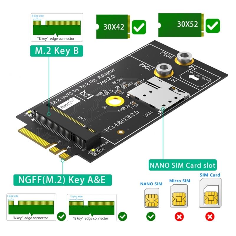 NGFF M.2 Key A+E Interfaces Converters To M.2 Key B Wireless Adapter With Card Slot For 3G 4G LTE WWAN Modem 5G Module