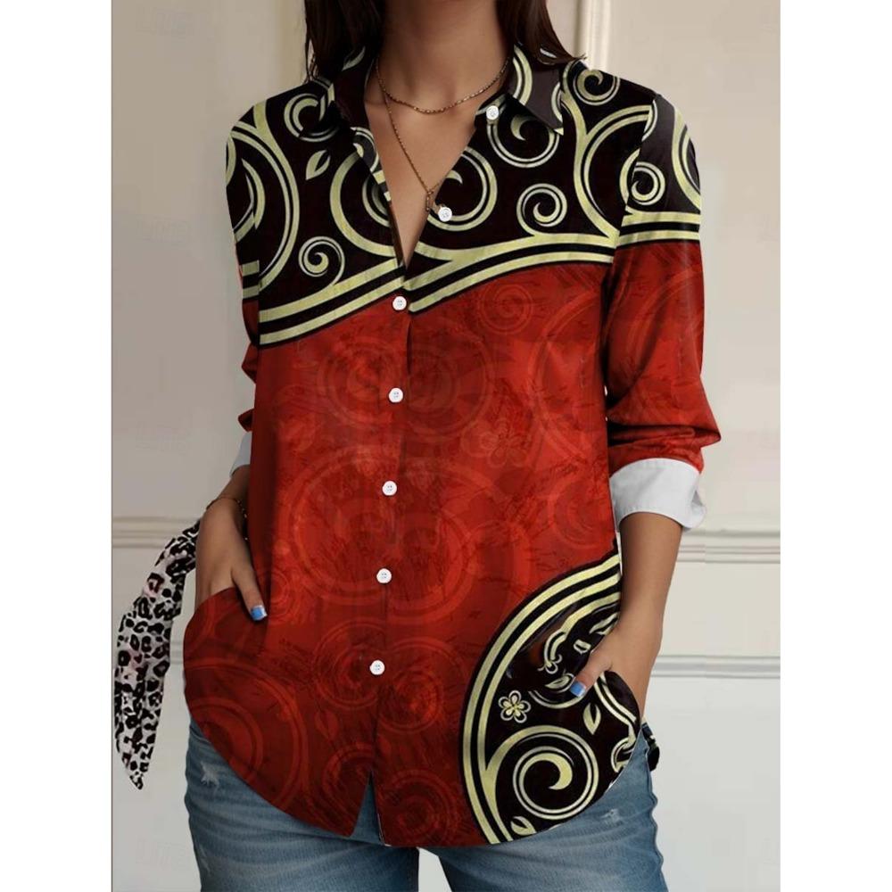 Fashion Women's Casual 3D Flower Prints Blouse Lapel Neck Blouse Women Long Sleeve Shirts Casual Womens Clothing Female Clothing