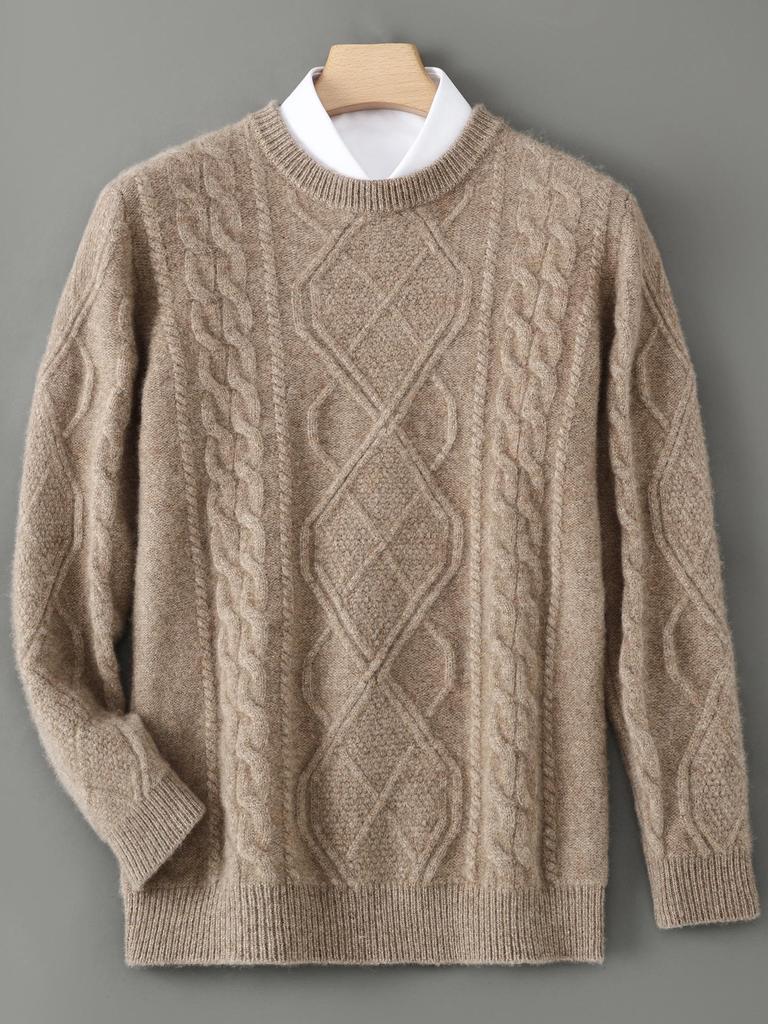 Three-Strand Thick Men's Wool Cable Knit Pullover – Round Neck, Loose, Plus Size for Autumn/Winter