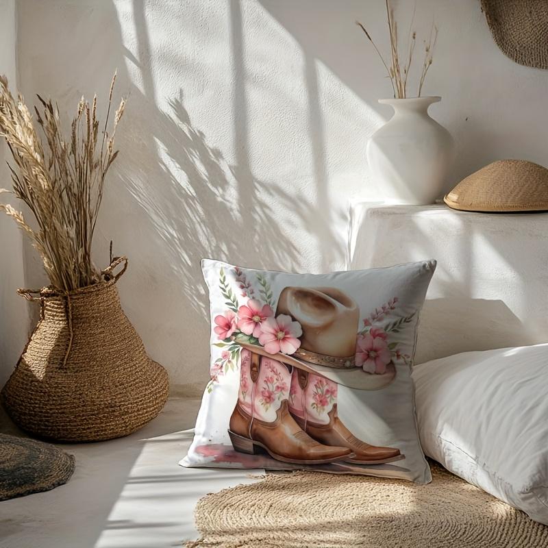 1 Piece A Pair Of Boots With Hat Theme, Square Pillowcase, Printed Material Suitable For Home Office, Sofa, Single Side Printing