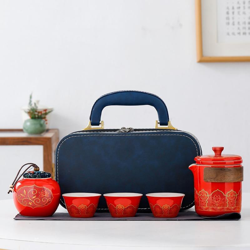Portable Travel Tea Set, Ceramic Teapot & Cups with Storage Bag for Outdoor & Gift