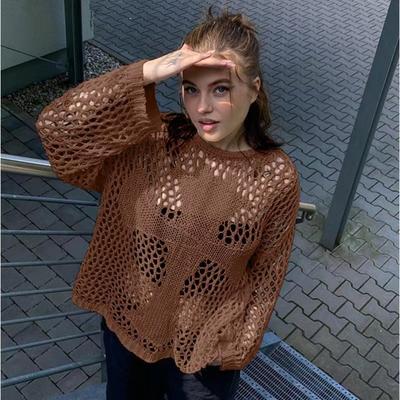 Women's Round Neck Hollow Long Sleeve Loose See Through Retro Sexy Tops Beach Knitwear