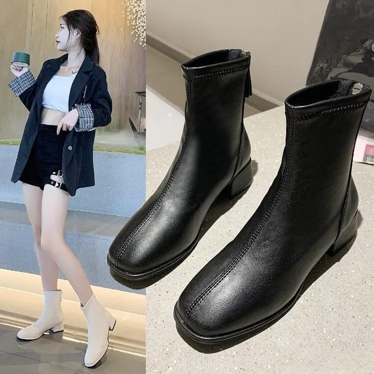 Fashion Autumn/Winter New Square Zipper Women's Retro Short Boots with Middle Heel and Ankle Fashion Elastic Socks Women's Boots
