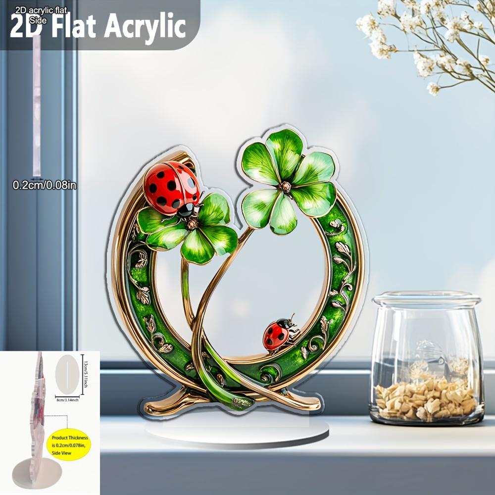 2D Ebene Welle Böhmischer Stil Goldenes Hufeisen Acryl Tischplatten Dekoration Schild, Mit Kleeblatt- und Marienkäfermuster - ein Perfektes Geschenk für St