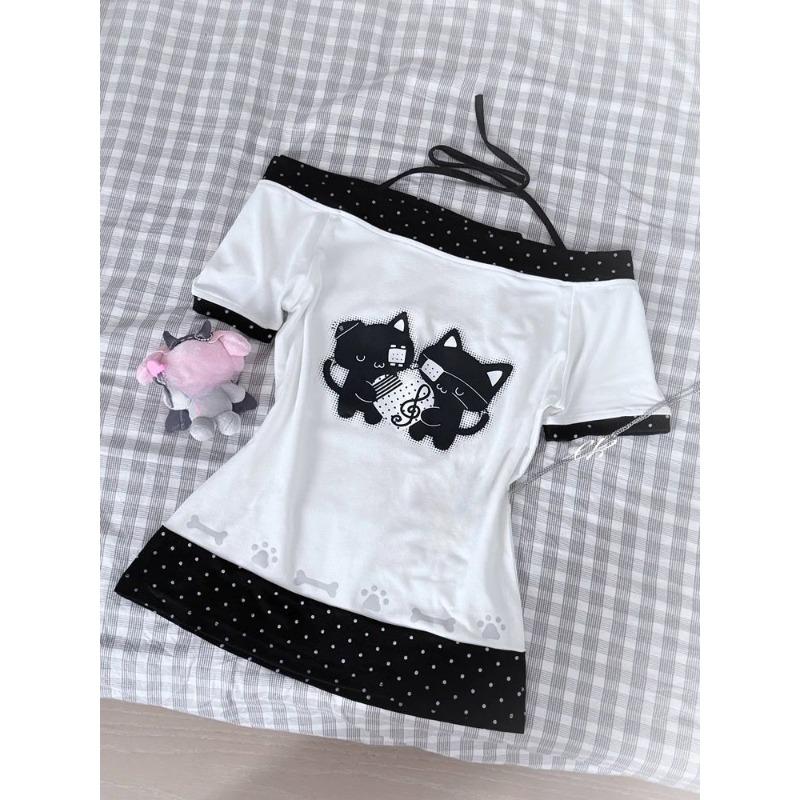 Sweet Kawaii Cartoon Tshirts Polka Dot Print Women T-shirt Loose Casual Contrast Color Cute Graphic Tee Tops Japan Y2k Aesthetic