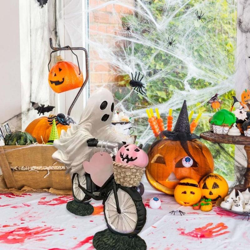 Ghostly Riding on Bicycles with Pumpkin Figurine Sculpture Indoor and Outdoor Resins Ornament Halloween Party Decoration