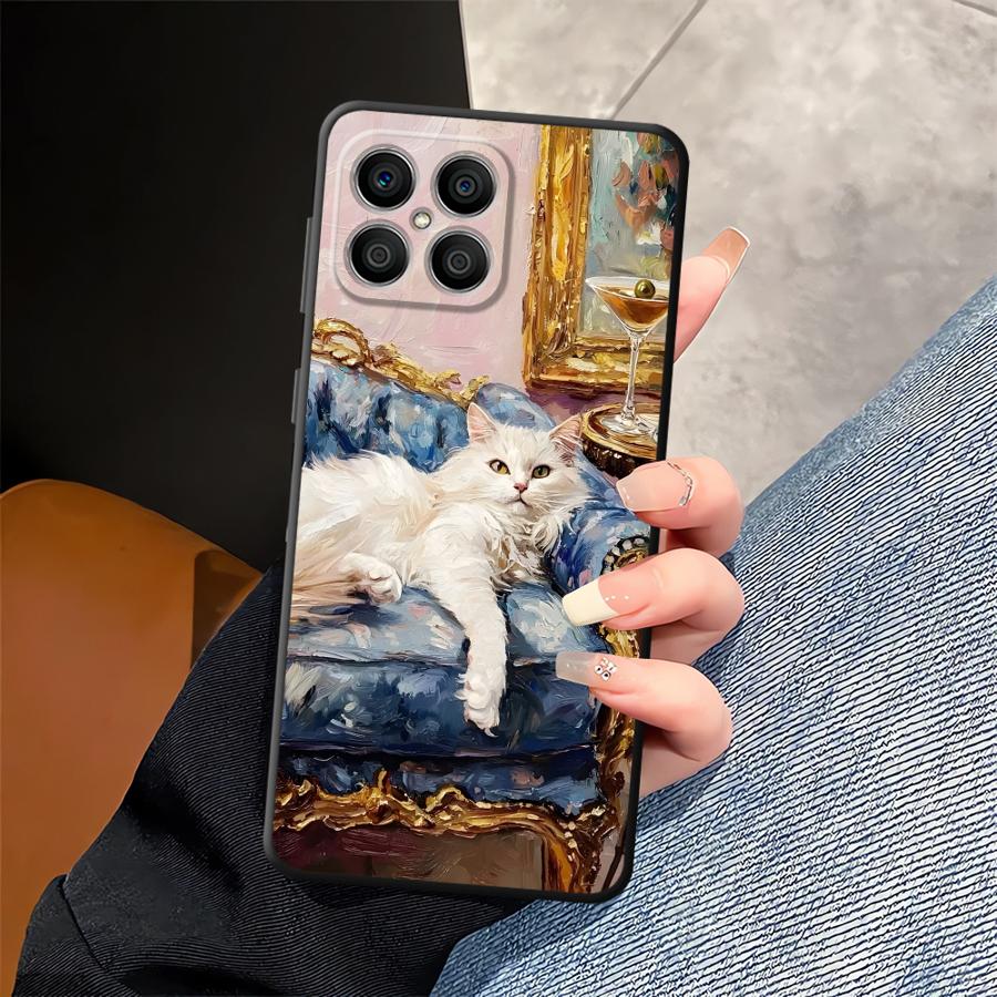 Case for Honor 200 400 Lite 8X X5b X8 X6 70 X9a X7 Magic5Lite 90 Funda Phone Cover Cartoon Oil Painting Cat