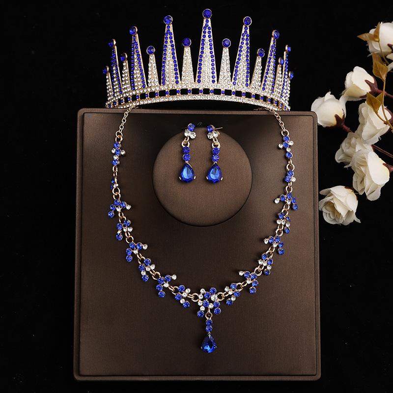 DIEZI Baroque Bridal Rhinestone Crown Tiaras For Women Wedding Princess Queen Blue Crystal Tiaras Necklace Earrings Jewelry Sets