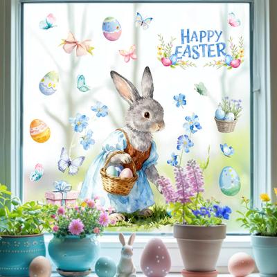 Adesivi Pasquali per Finestre Coniglietto Carino Fiori di Campo Uova Farfalla Decalcomania Riutilizzabile Biadesiva Statici per Porte in Vetro Pareti Stanza dei Bambini Primavera