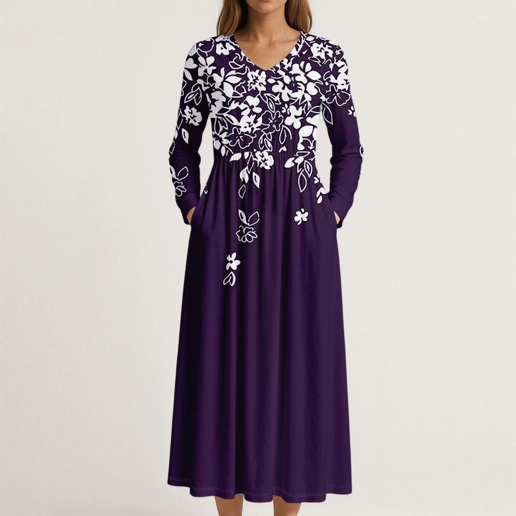 Vestido Para Mujer Vestido Largo Boho Playa Elegante Vestido Maxi Cuello en V Manga Larga Con Bolsillos