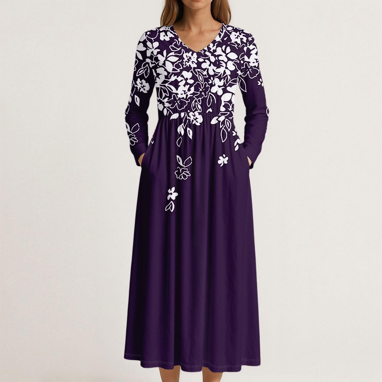 

Платье для женщин длинное бохо пляжное платье элегантное макси-платье V-образный вырез длинный рукав платье с карманами XXL