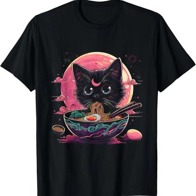 Estética Pastel Goth Gato Kawaii Comiendo Fideos Ramen Camiseta de Gatos