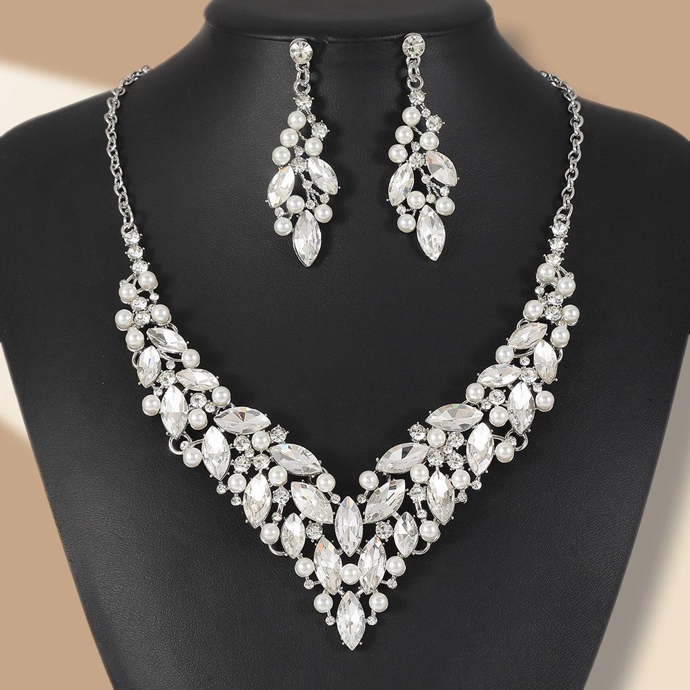 Bridal Pearl Necklace & Earring Set with Rhinestone Crystals for Women