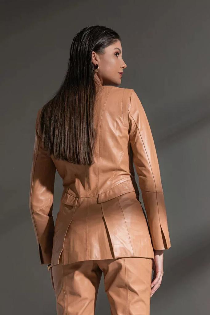 Stylish Wear Beige Button Blazer Leather Real Lambskin Genuine Women's