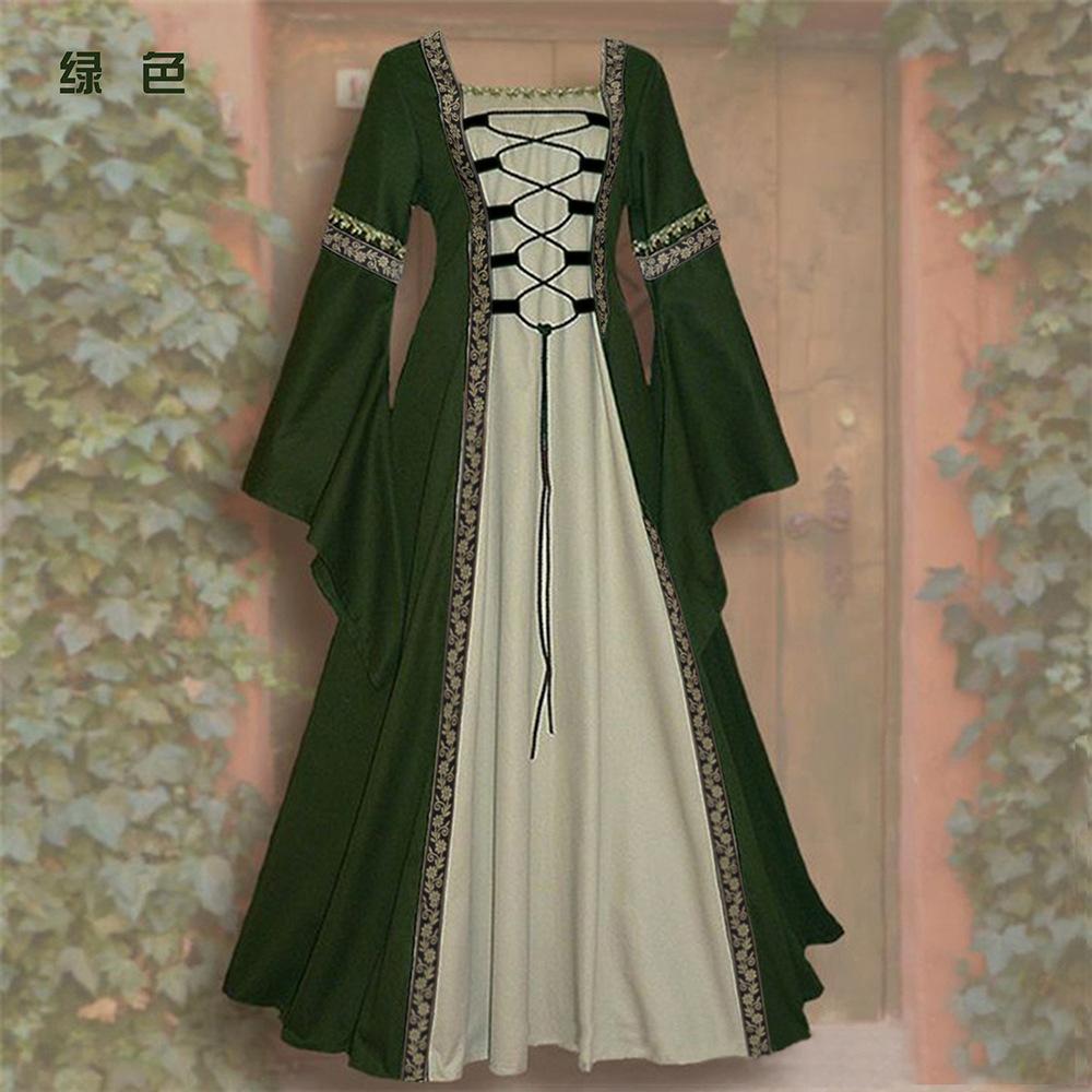 Women Medieval Renaissance Gown Square Neck Bell Long Sleeve Lace Up Contrast Trim Maxi Dress S-5XL Plus Size