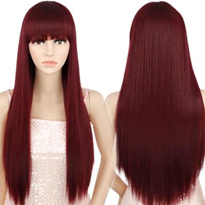 Burgundy Long Straight Wig with Bangs Synthetic Hair Wig for Women Heat-resistant Cosplay Wig Solid Color Wig