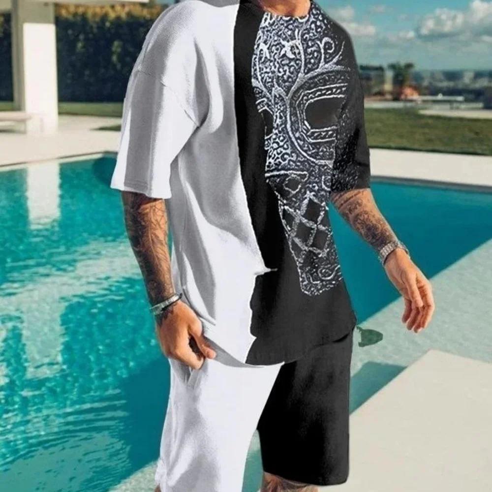 Men's Casual Sports Set Short Sleeve and Shorts Two-Piece Fashion Geometric Pattern Summer Daily Wear Comfortable Breathable