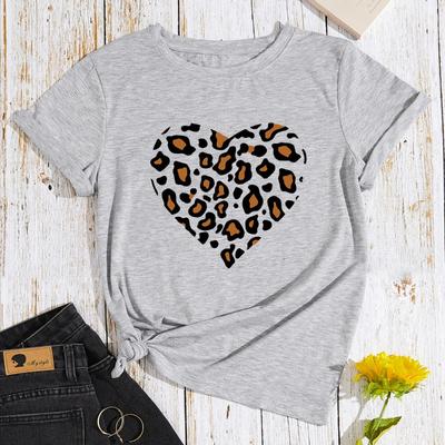 Summer Women's Printed Leopard Print Heart-shaped Loose Cotton Plus Size Round Neck Short Sleeved Shirt T-Shirts Women’s