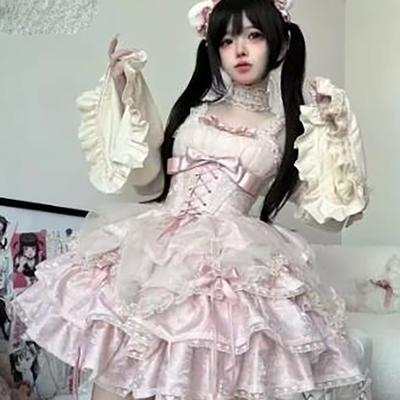 Japanese Cute Lolita Dress Women Gothic Bow Lace Evening Party Mini Dresses Harajuku Kawaii Black Vestidos Neck Cover Cat's Ears Headdress Sleeve