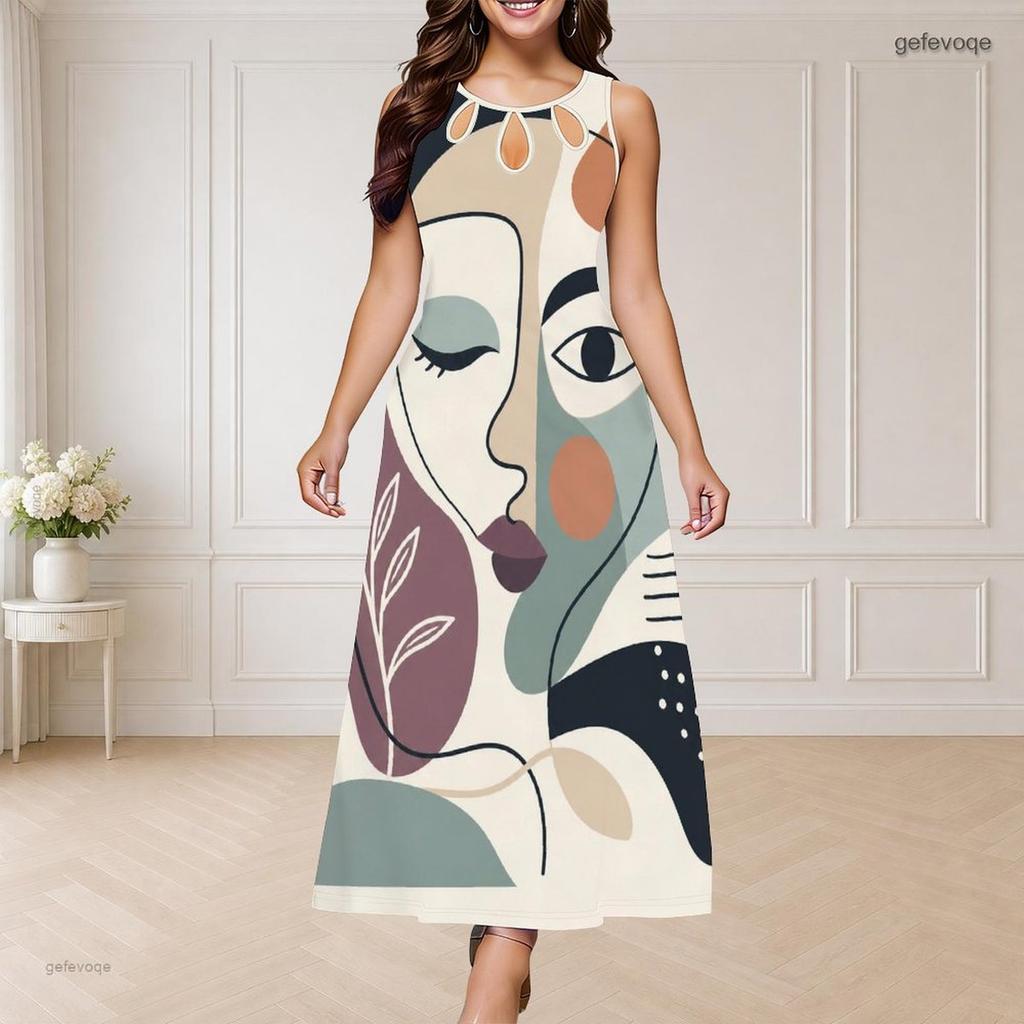 Women Plus Size Sleeveless Round Neck Triple Keyhole Cutout Abstract Print Maxi Dress