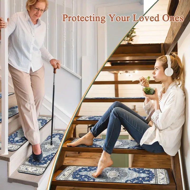 4/7/10/15pcs Bohemian Stair Treads Reusable Rubber Indoor Safety Mats for Pets Children Elderly Non-Slip Stair Carpet