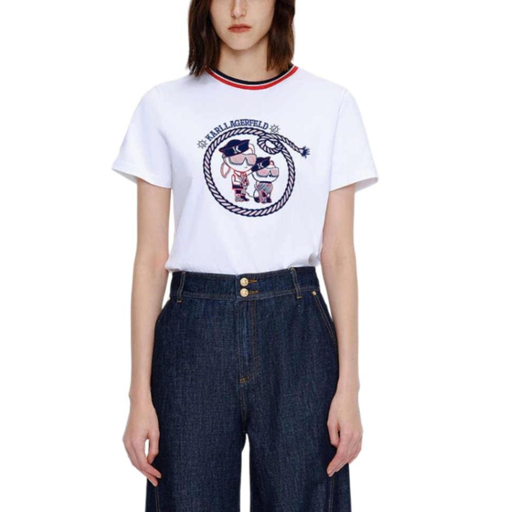 Karl Lagerfeld Sports Outdoor Commuting Light Luxury Printed Pattern Velour Short Sleeve Regular T-Shirt Women Tops White M21L1721