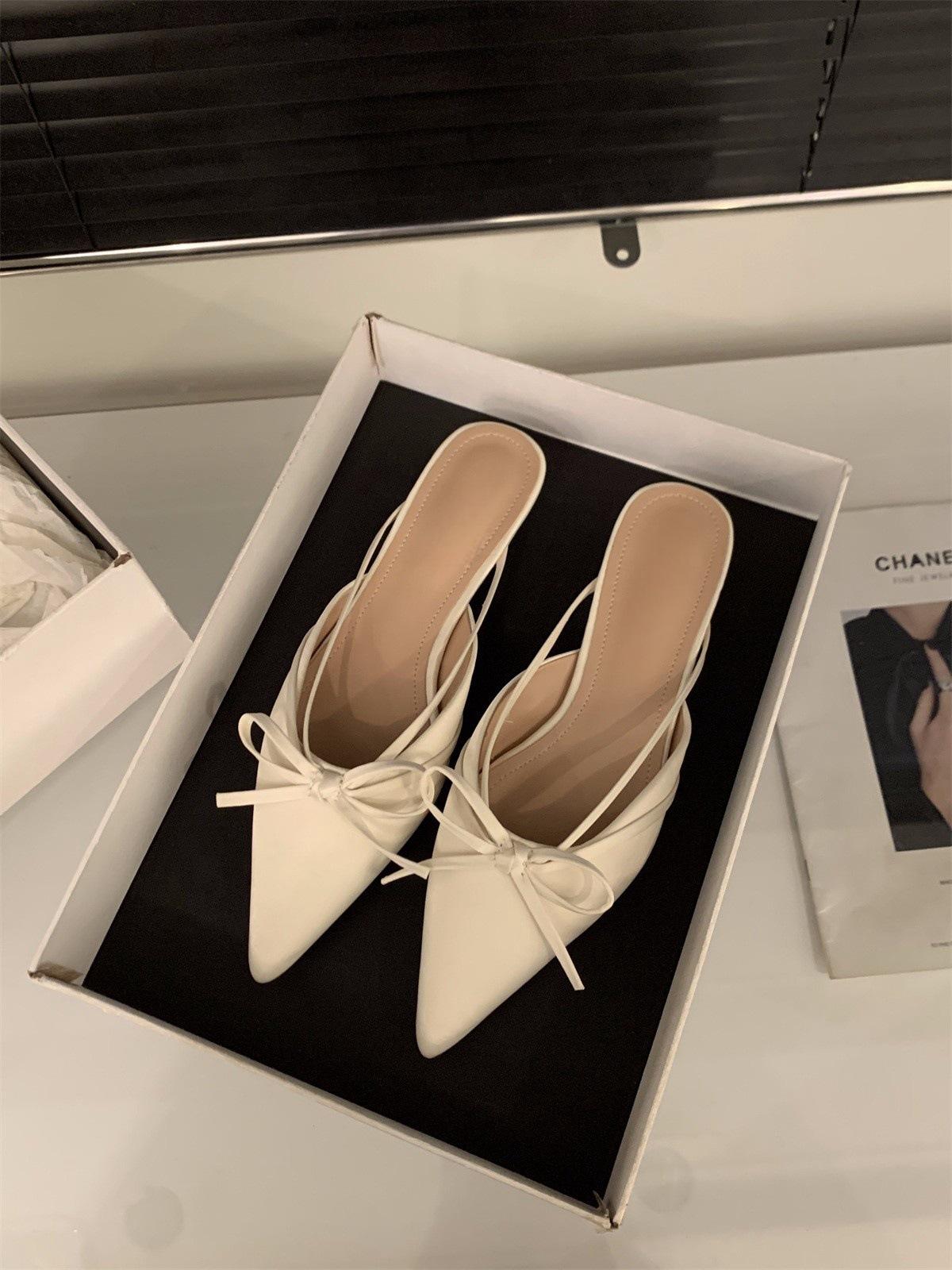 

Coarse heel bow bag head half slippers shoes spring and summer satin temperament half support single shoes 40 абрикосовый