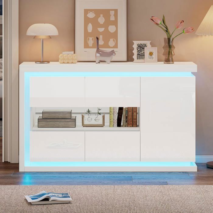 Low Sideboard - LEMONBEST - 140 X 40 X 84 Cm - 3 Doors - Remote-controlled LED - Glossy White