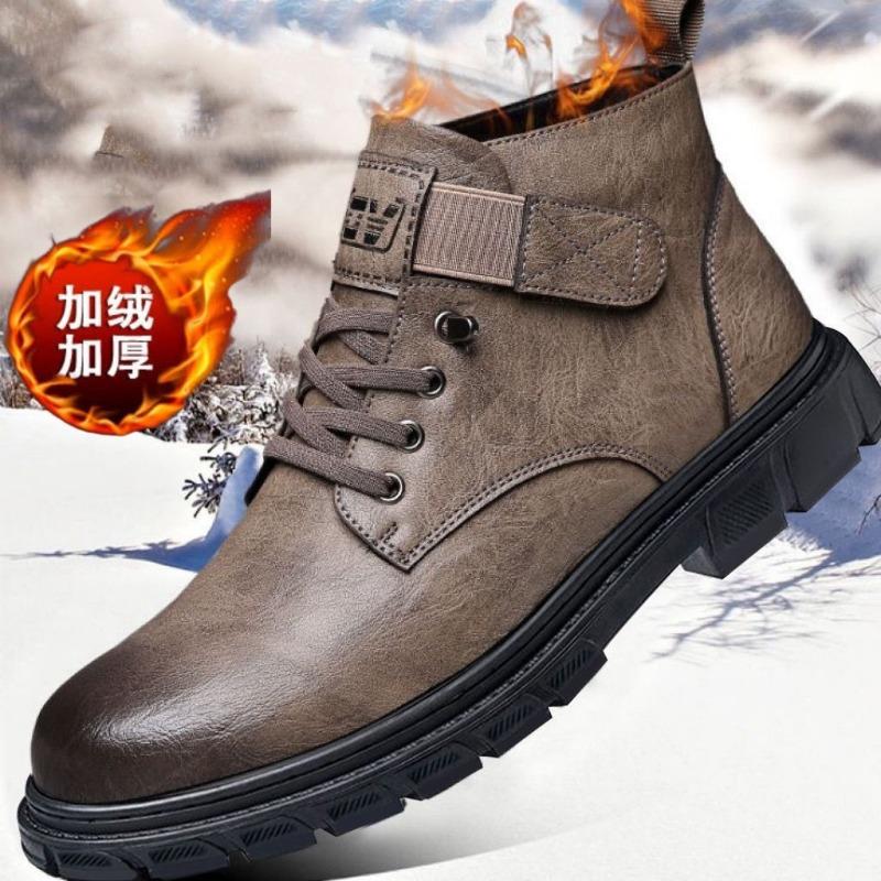Martin Boots Men's Winter Velvet Warm High-top Leather Boots Versatile Tooling Casual Snow Boots Cotton Shoes Men
