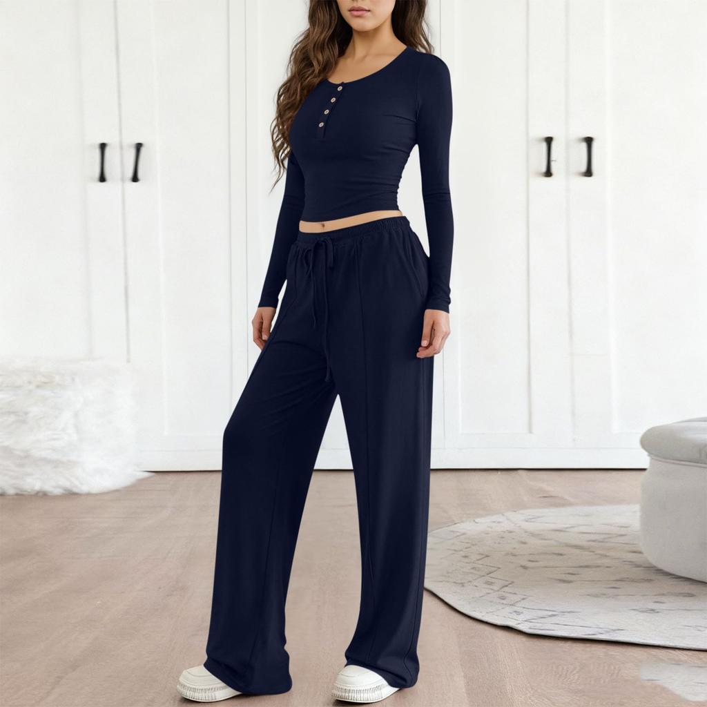 Fashionable Women's Long Sleeve Wide Leg Pants Sports Outfit Loose Two-Piece Set