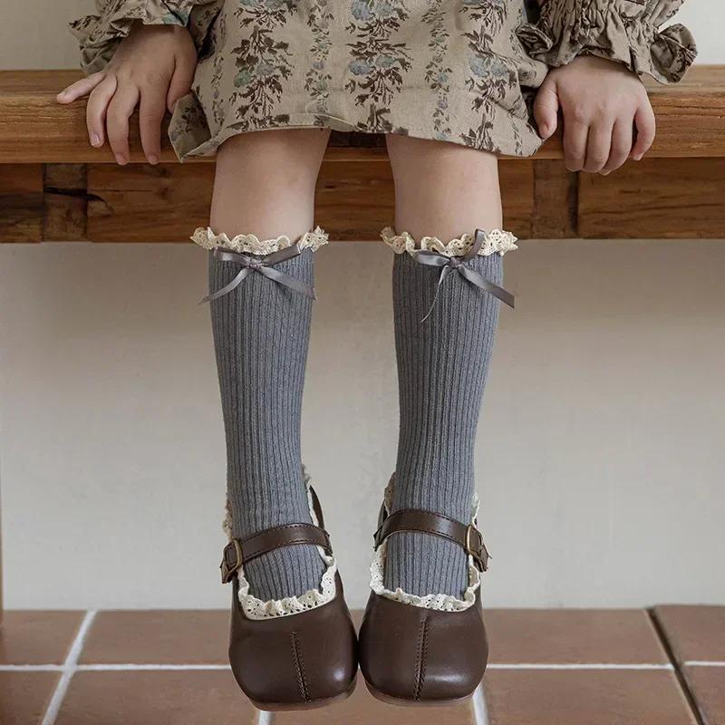 Girls Retro Lace Bow Calf Socks Sweet Ruffle Cotton School Socks For Kids Spring Autumn Beige Coffee One Size серый