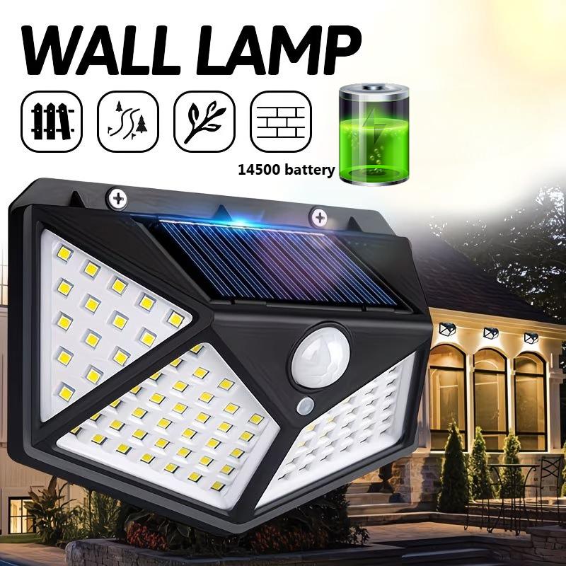 Solar Powered 100 LED Motion Sensor Wall Light, Waterproof Outdoor Security Lamp for Garden, Fence, Yard, Pathway Decoration